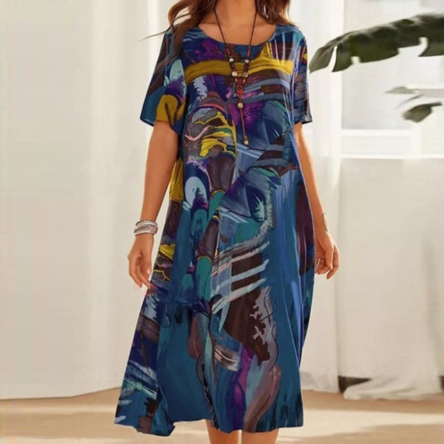 Midi Dress with Pattern, Short Sleeves, and Loose Fit