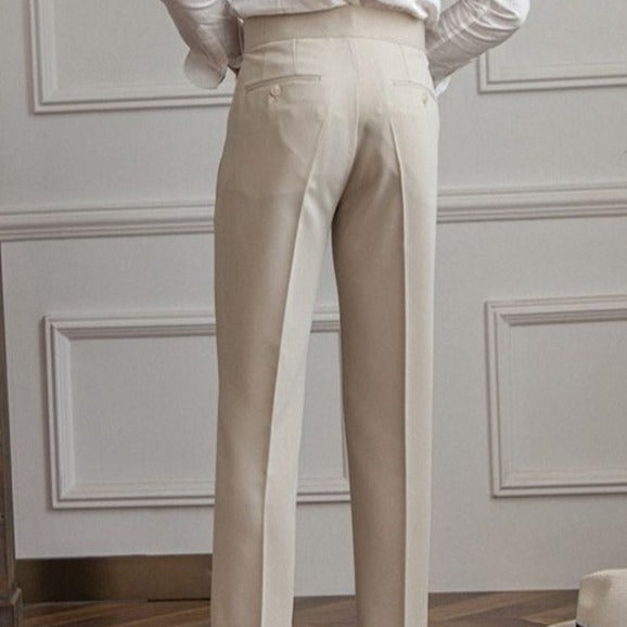 Pantaloni eleganți bărbați croiți, cu pli și picior drept