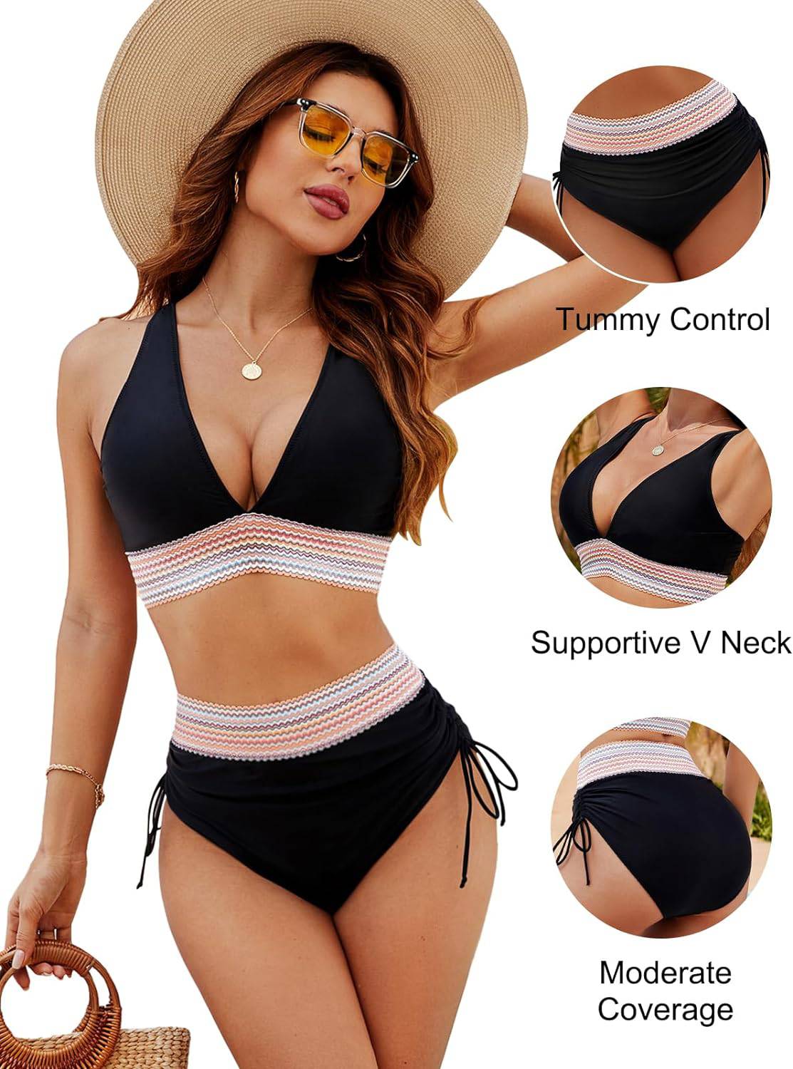 High-waisted shaping bikini with colorblock pattern – support, comfort, and trendy style
