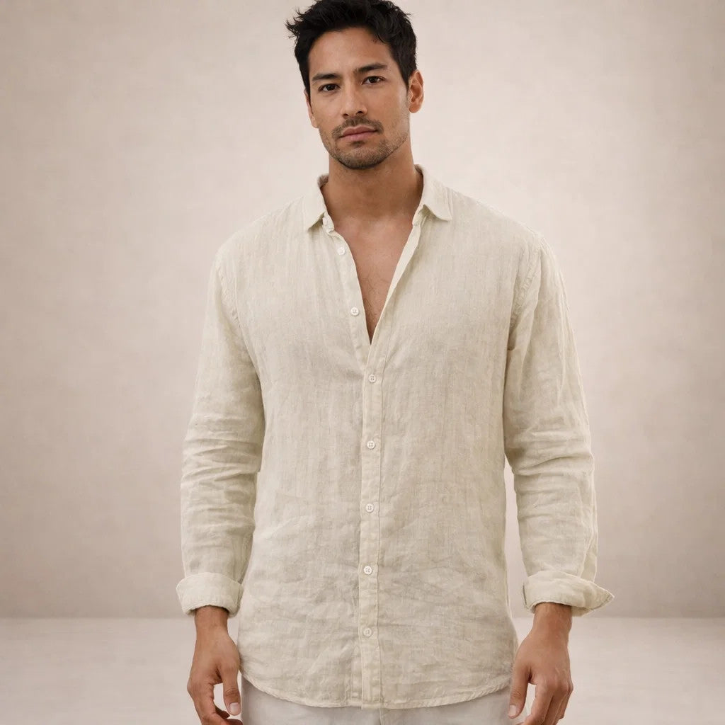 Men's Long Sleeve Linen Shirt | Casual Regular Fit Shirt with Open Collar | Lightweight and Breathable Summer Fabric