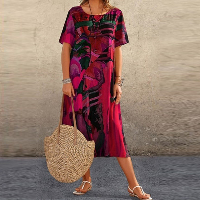 Midi Dress with Pattern, Short Sleeves, and Loose Fit