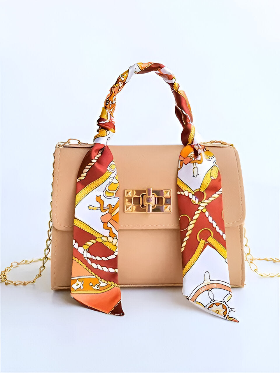 Borsa donna a mano con foulard decorativo e tracolla a catena