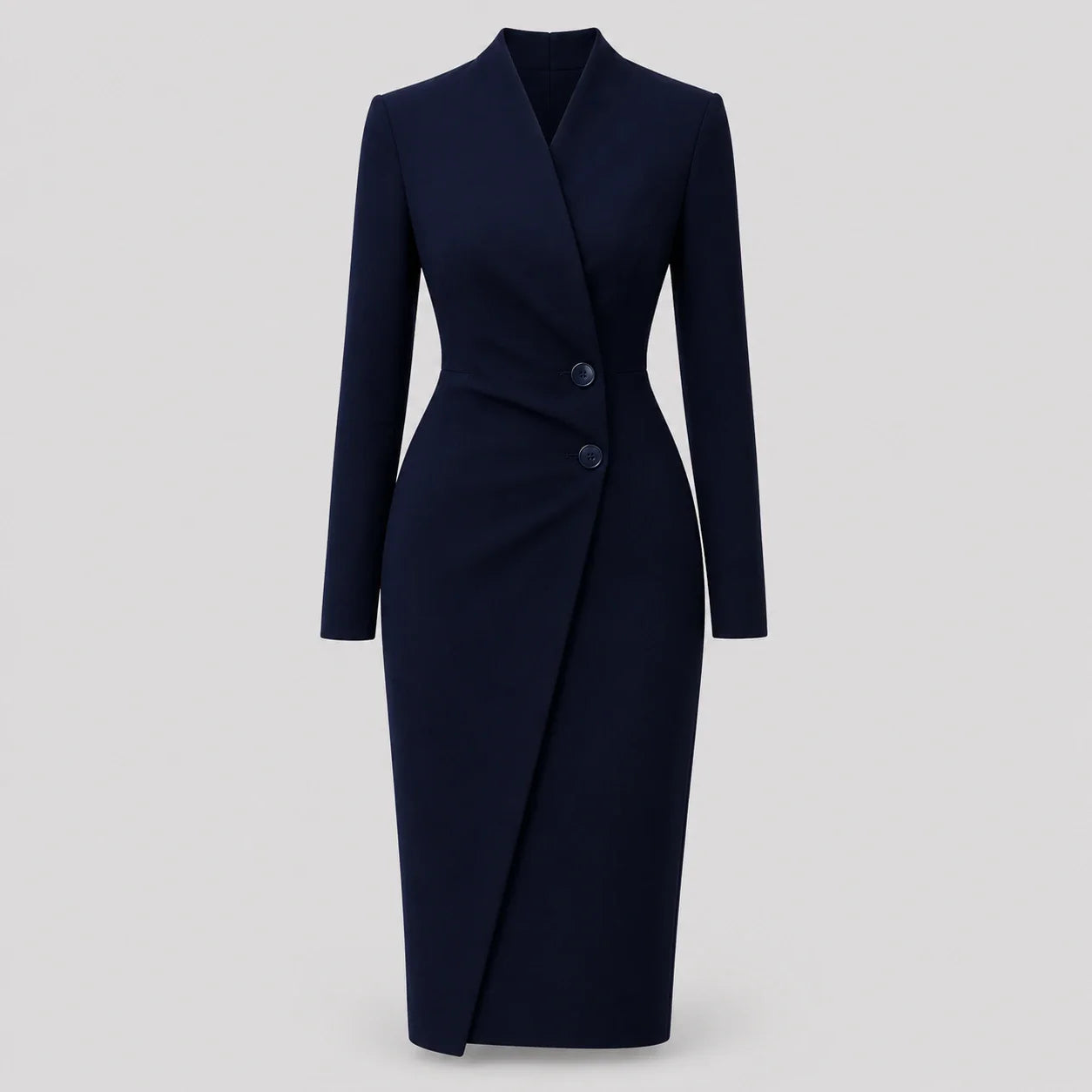 Abito Midi Donna con Maniche Lunghe e Chiusura Doppiopetto
