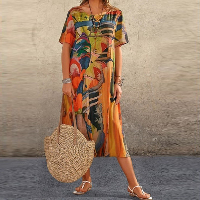 Midi Dress with Pattern, Short Sleeves, and Loose Fit