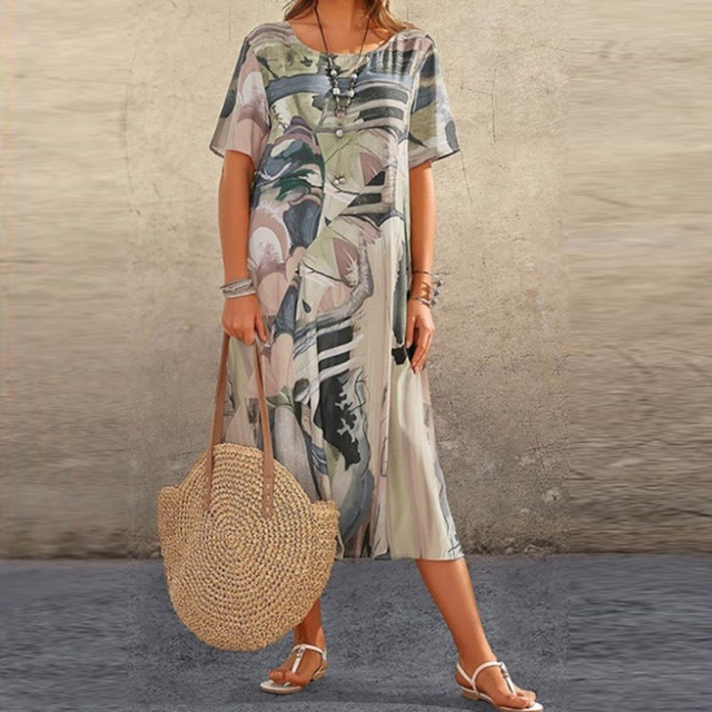 Midi Dress with Pattern, Short Sleeves, and Loose Fit