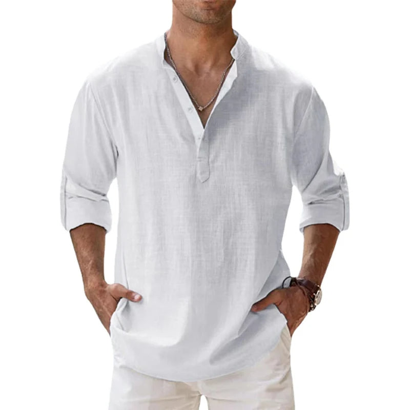 Men's Linen Henley Shirt Comfortable Fit Summer Top with Buttons