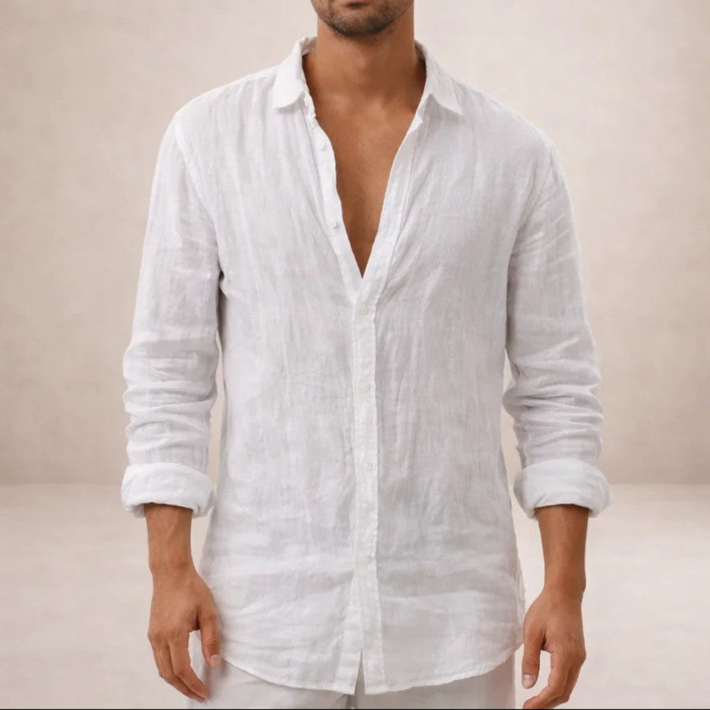 Men's Long Sleeve Linen Shirt | Casual Regular Fit Shirt with Open Collar | Lightweight and Breathable Summer Fabric