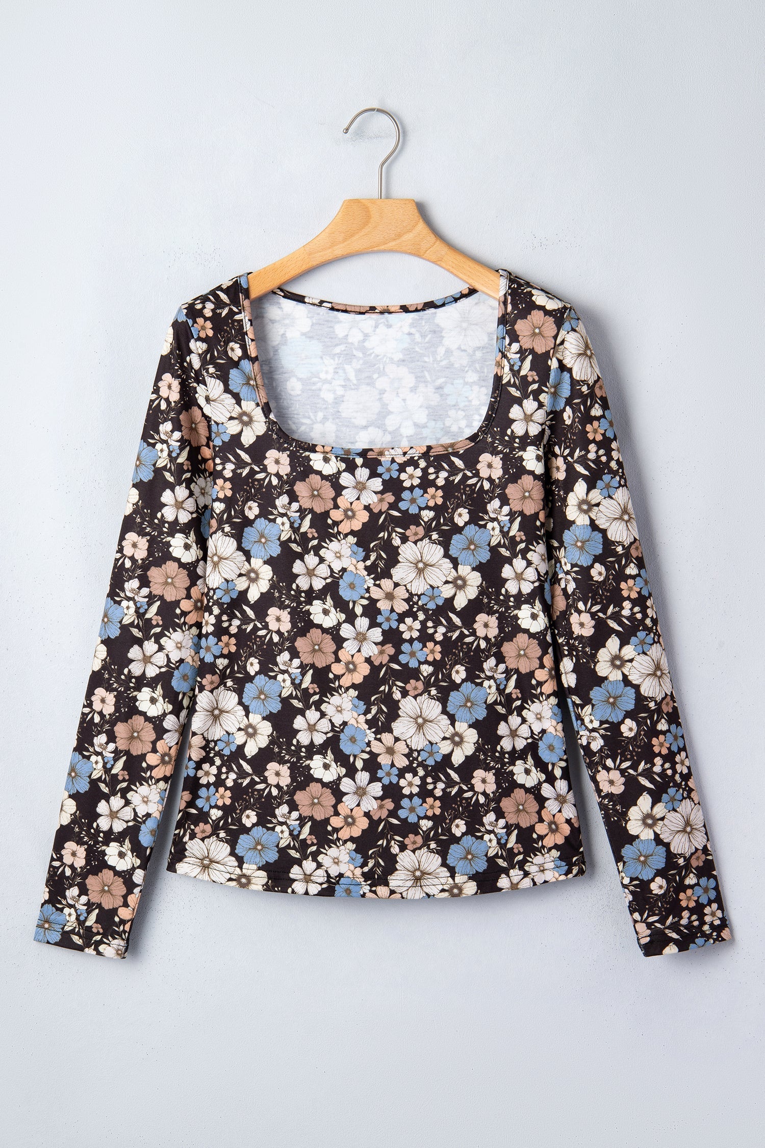 T-shirt Slim a Maniche Lunghe con Stampa Floreale Nera