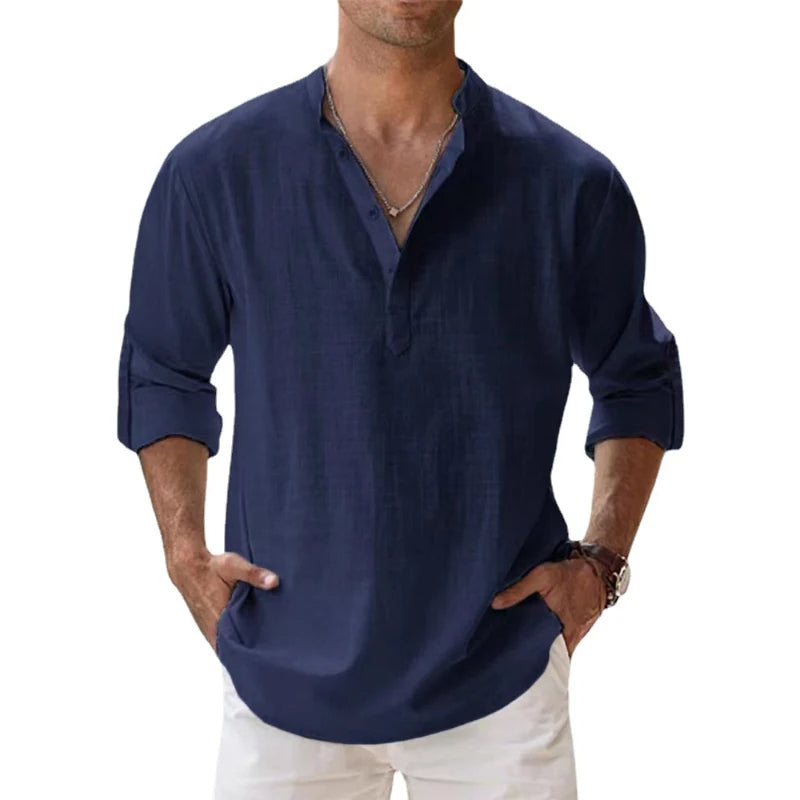 Men's Linen Henley Shirt Comfortable Fit Summer Top with Buttons