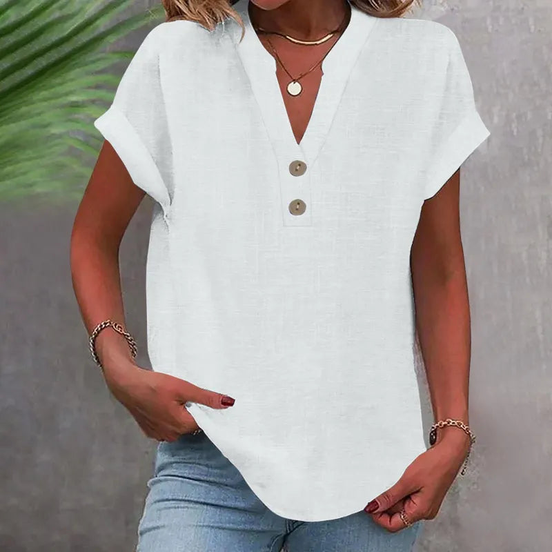 Loose Summer Blouse with V-Neck and Buttons – Short Sleeve and Timeless