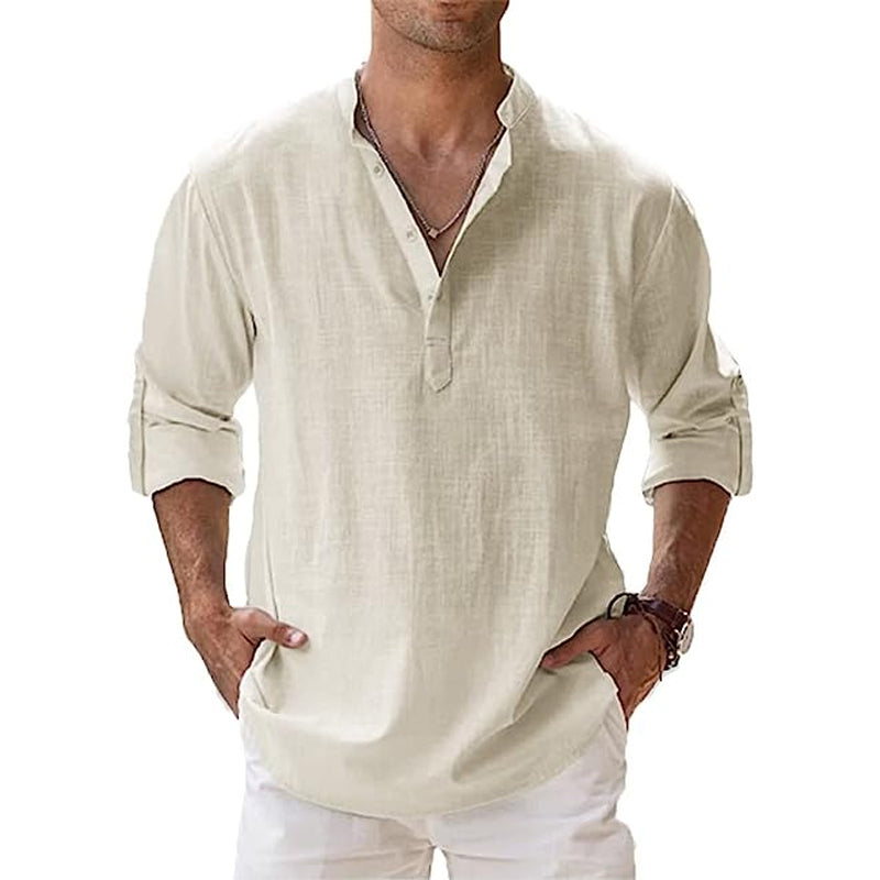 Men's Long Sleeve Linen Shirt – Korean Collar