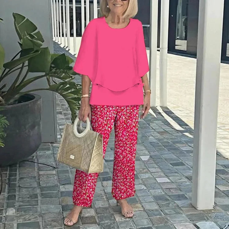 Printed 2-Piece Set with Loose Blouse and Pants for Women