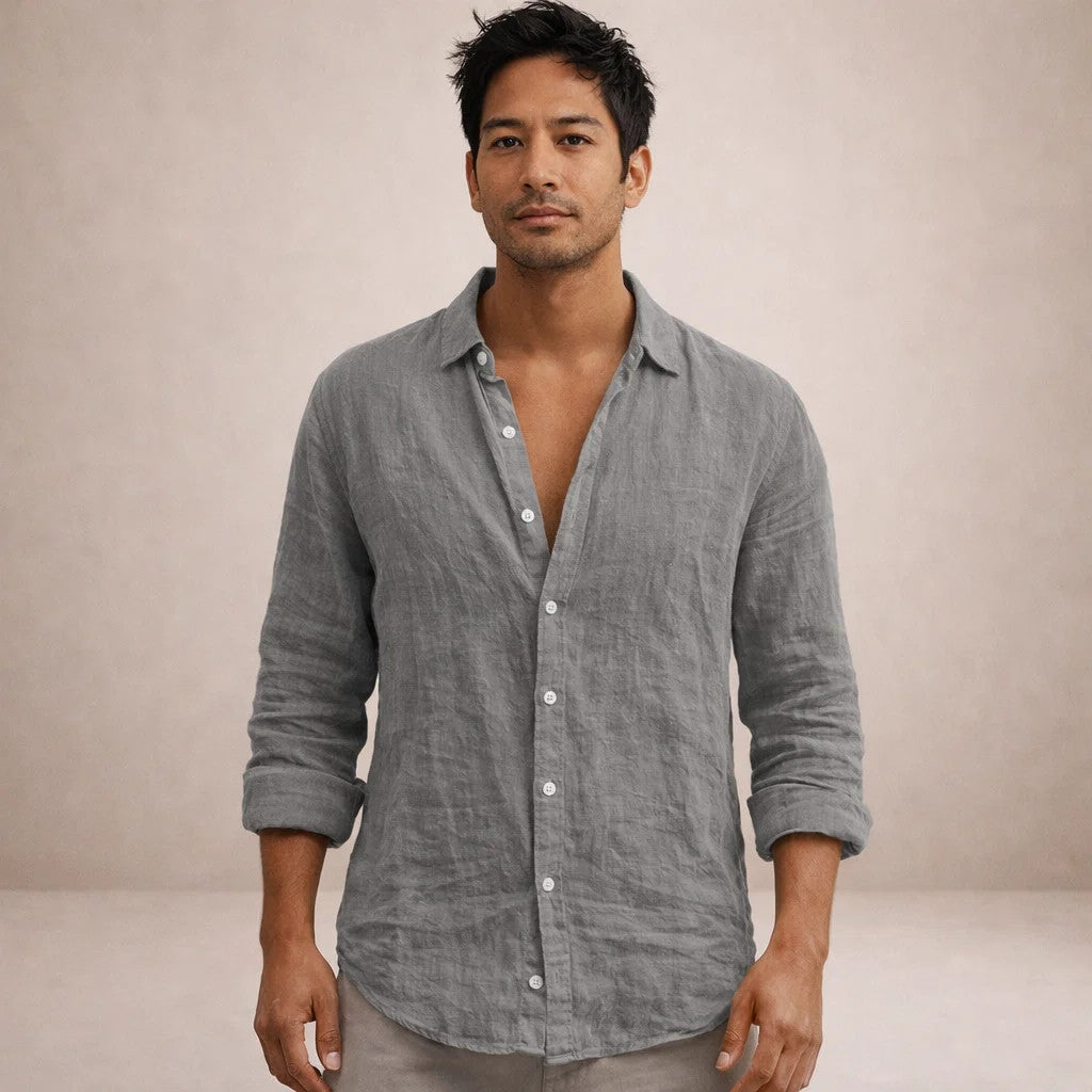 Men's Long Sleeve Linen Shirt | Casual Regular Fit Shirt with Open Collar | Lightweight and Breathable Summer Fabric