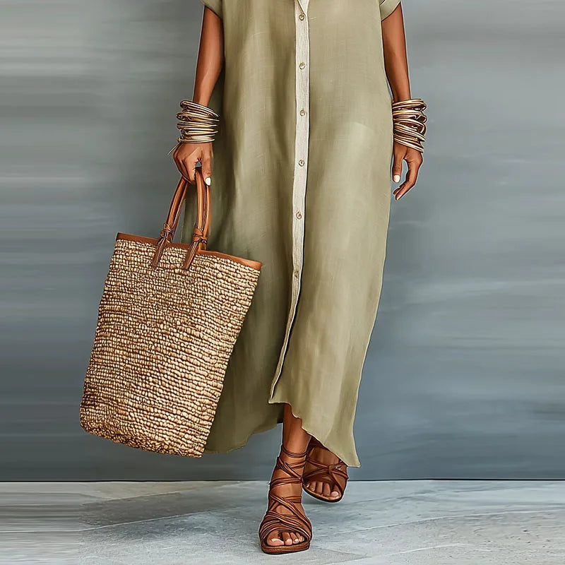 Women's Long Shirt Dress with Collar and Short Sleeves