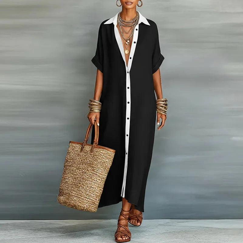 Women's Long Shirt Dress with Collar and Short Sleeves