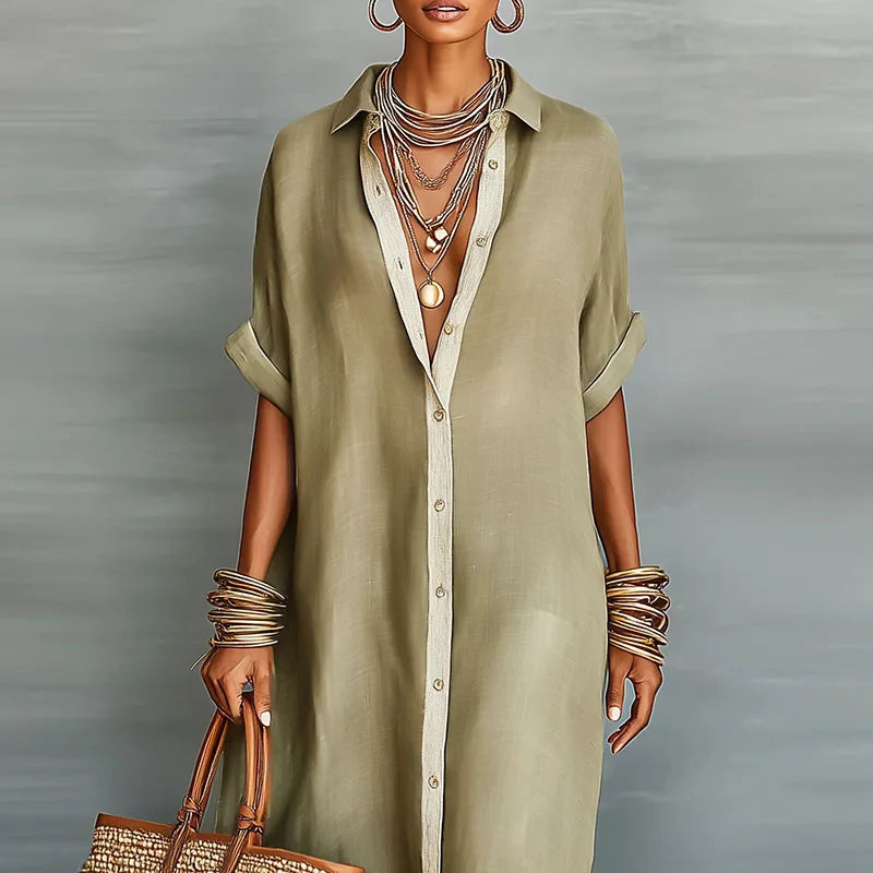Women's Long Shirt Dress with Collar and Short Sleeves