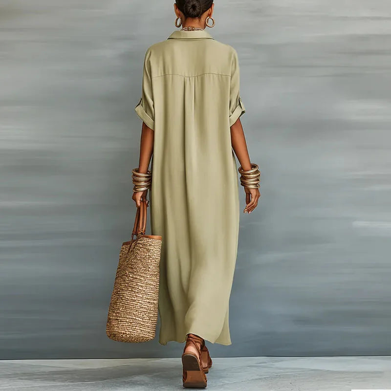 Women's Long Shirt Dress with Collar and Short Sleeves