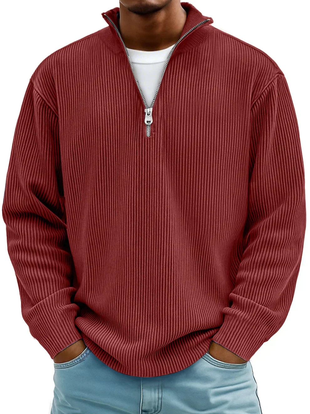 Men's Zip Neck Sweater with Ribbed Fabric