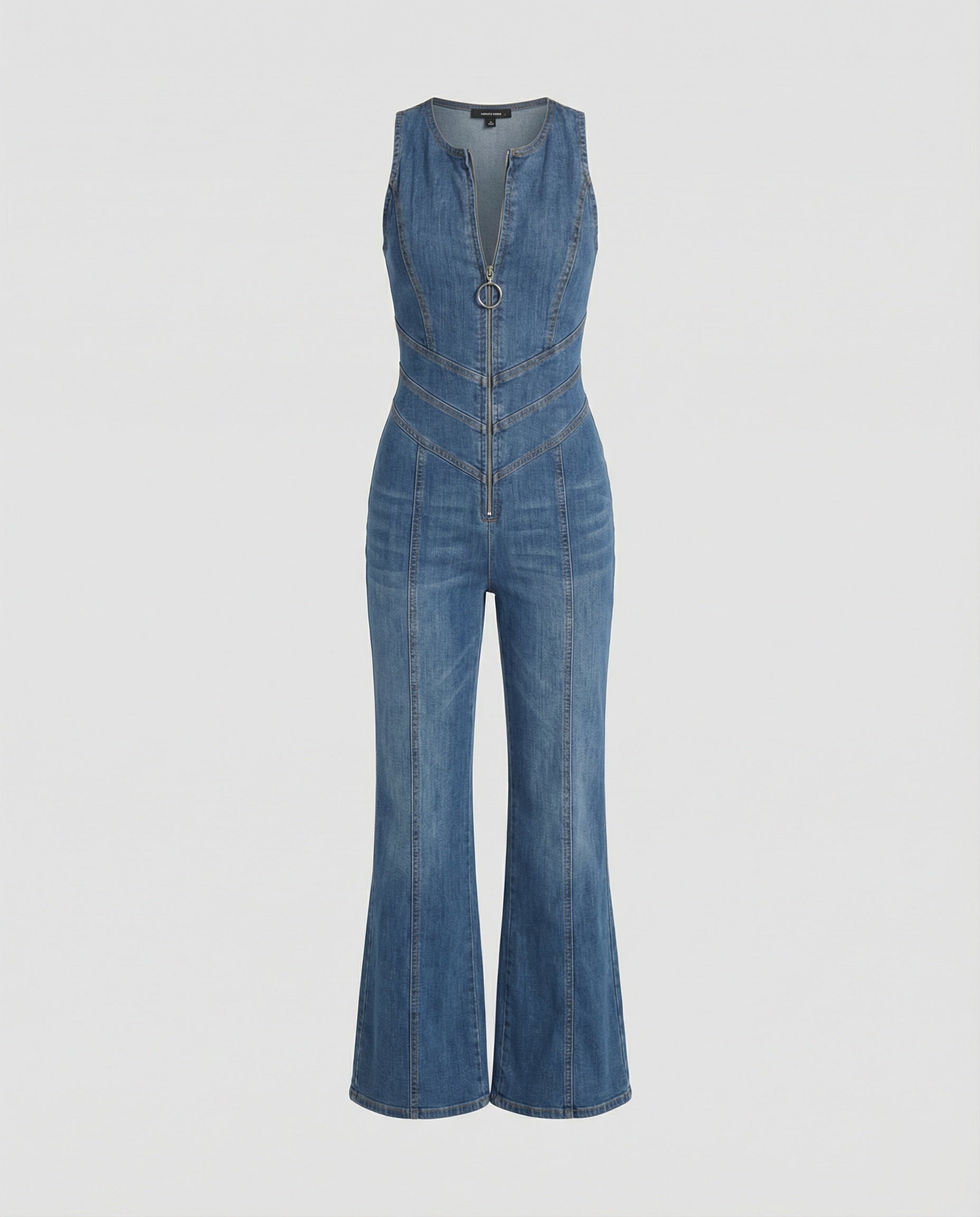 Tuta in denim da donna, scollatura a cuore sulla schiena, senza maniche, vita segnata, intera