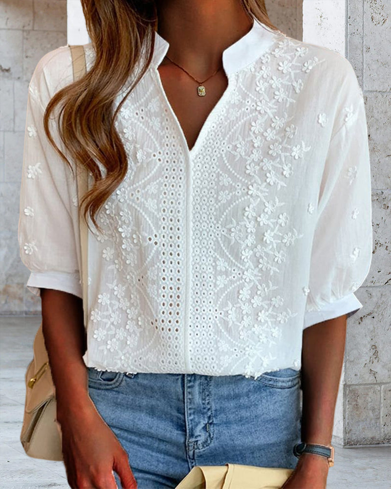 Blouse pour femme – Top avec col en V et manches bouffantes, mélange de coton et détails patchwork