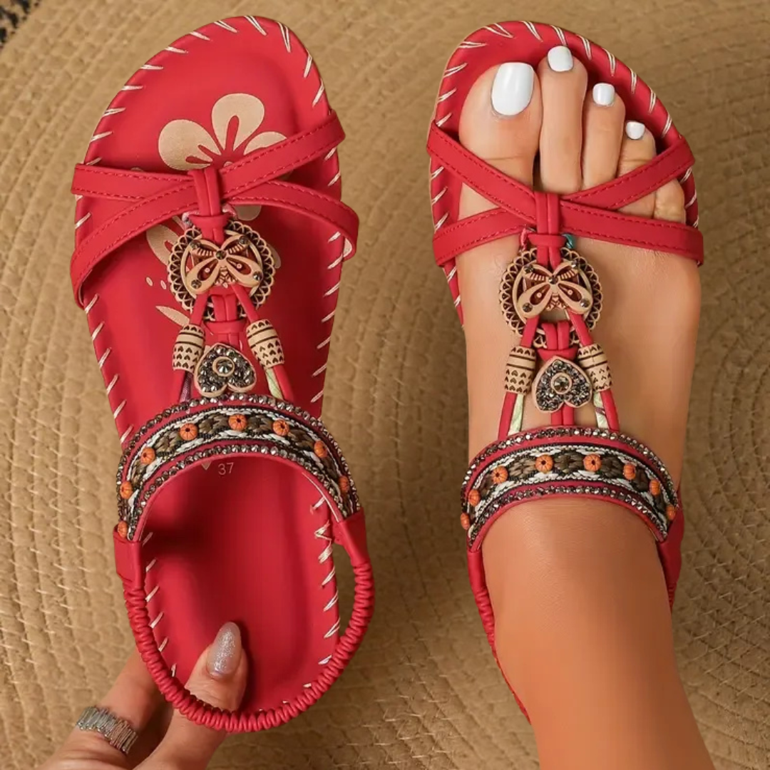 Γυναικεία σανδάλια Boho με διακοσμητικές χάντρες και ελαστικό λουράκι