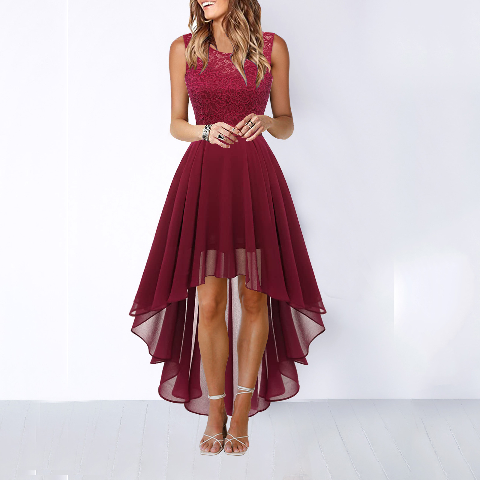Vestido de Festa Assimétrico High-Low Elegante Sem Mangas