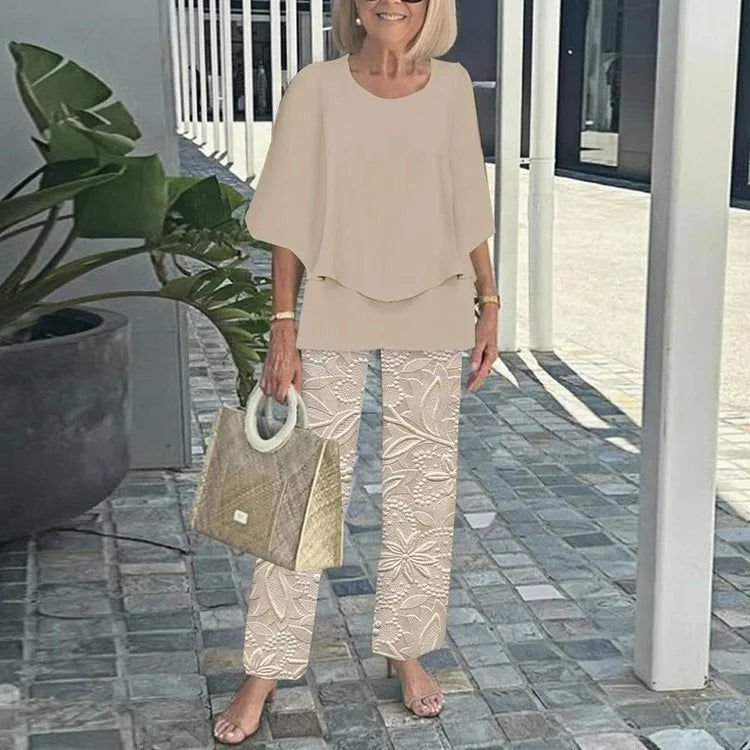 Printed 2-Piece Set with Loose Blouse and Pants for Women
