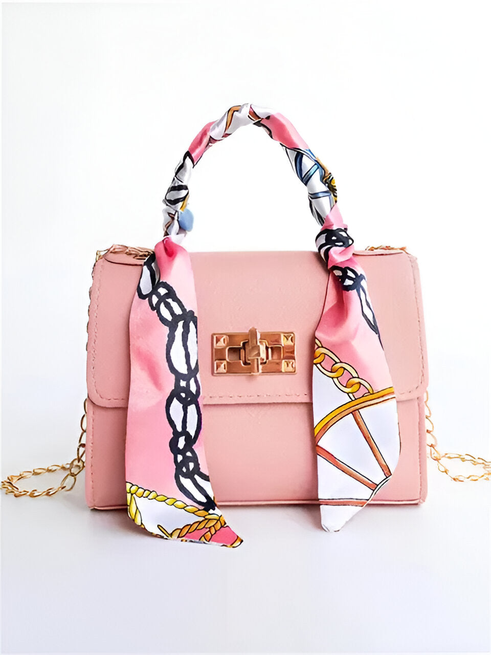 Borsa donna a mano con foulard decorativo e tracolla a catena