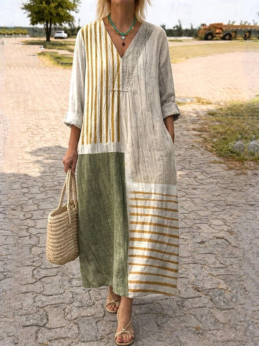 Lang kjole til kvinder i boho-stil med V-hals og lange ærmer