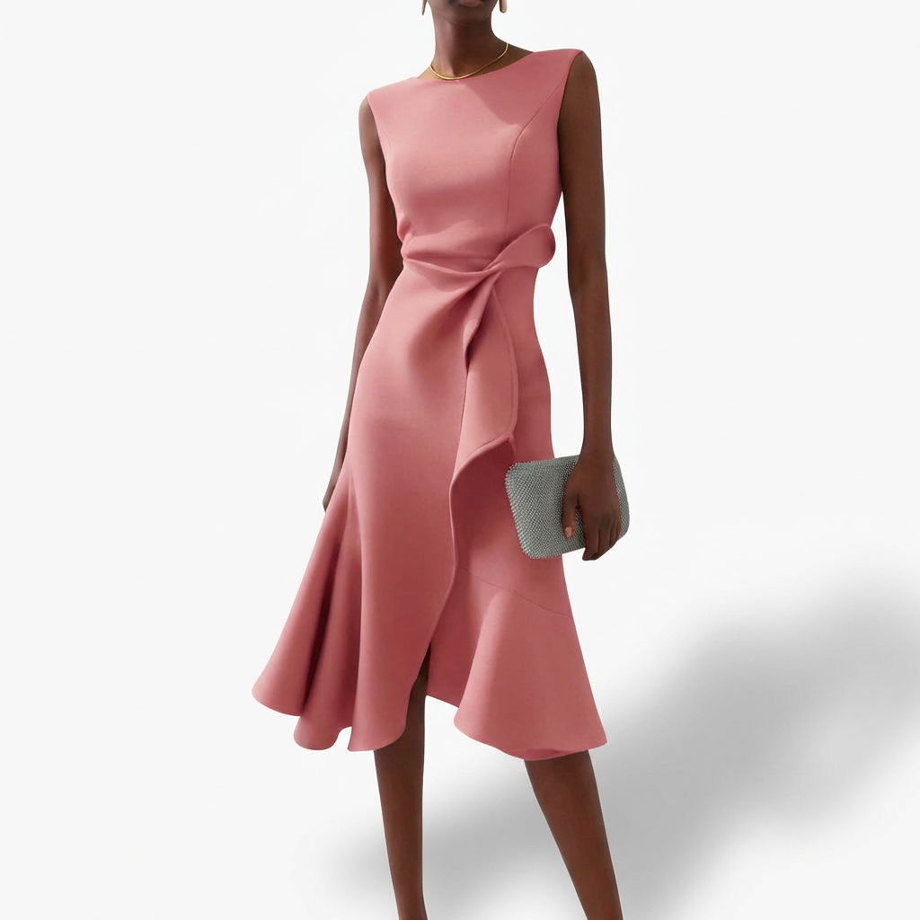 Vestido midi drapeado con volante asimétrico