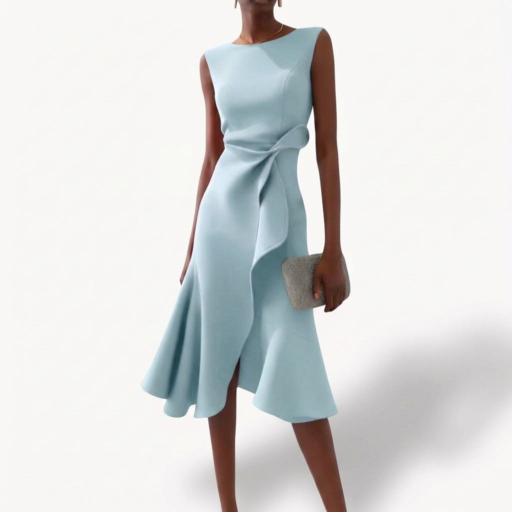 Vestido midi drapeado con volante asimétrico