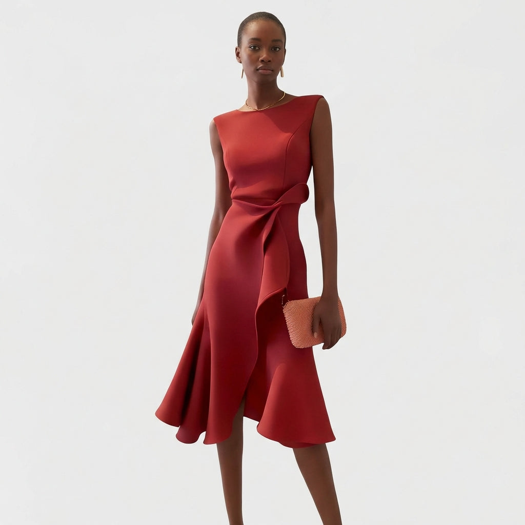 Vestido midi drapeado con volante asimétrico