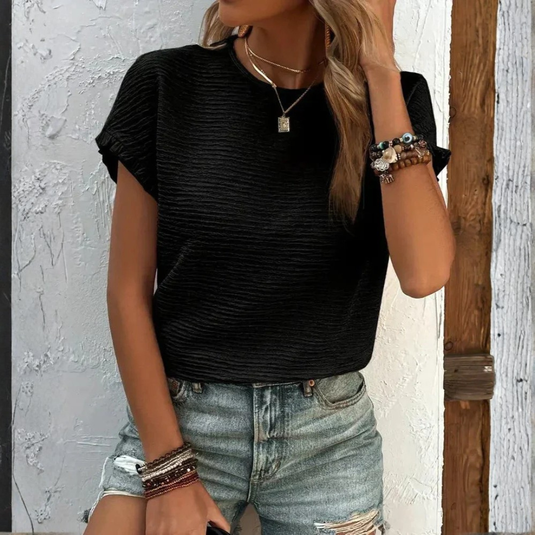 Aroa | Γυναικείο Βασικό T-Shirt με Κοντό Μανίκι, Βολάν και Στρογγυλή Λαιμόκοψη, Λείο Υλικό
