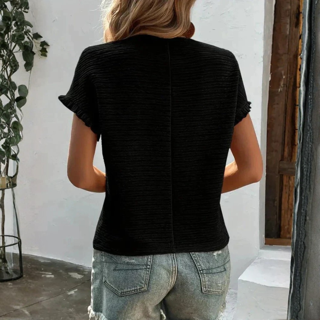 Aroa | Γυναικείο Βασικό T-Shirt με Κοντό Μανίκι, Βολάν και Στρογγυλή Λαιμόκοψη, Λείο Υλικό