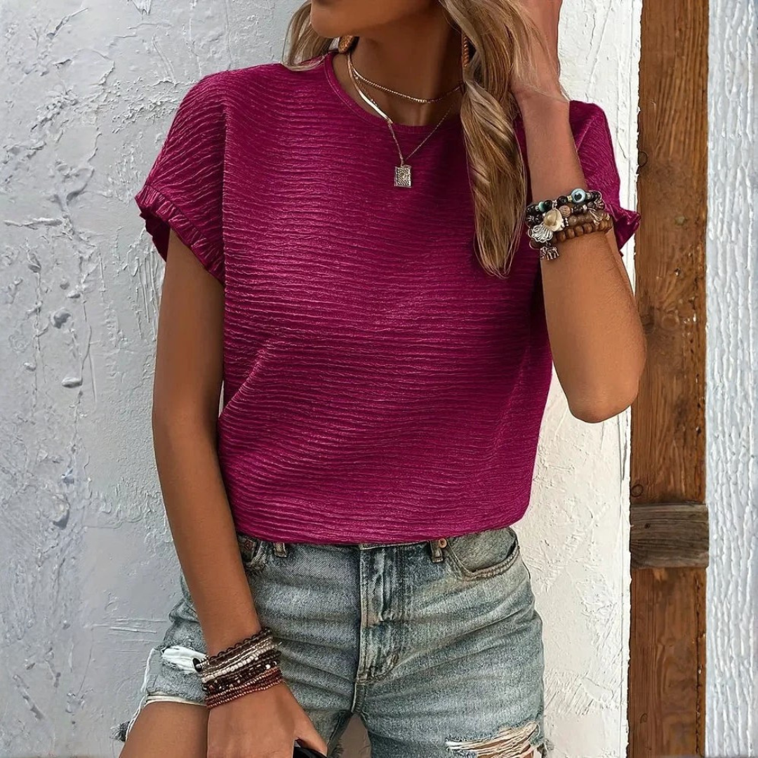 Aroa | Γυναικείο Βασικό T-Shirt με Κοντό Μανίκι, Βολάν και Στρογγυλή Λαιμόκοψη, Λείο Υλικό