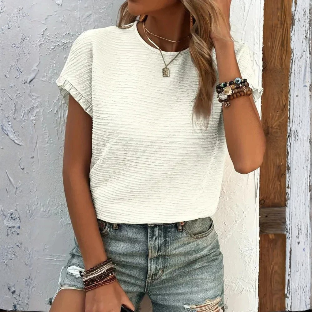 Aroa | Γυναικείο Βασικό T-Shirt με Κοντό Μανίκι, Βολάν και Στρογγυλή Λαιμόκοψη, Λείο Υλικό