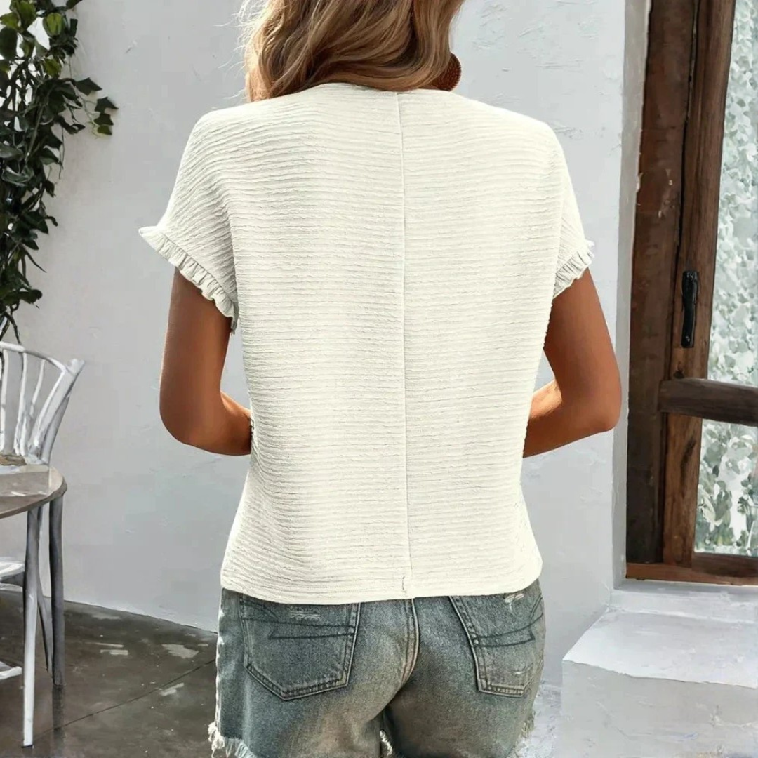 Aroa | Γυναικείο Βασικό T-Shirt με Κοντό Μανίκι, Βολάν και Στρογγυλή Λαιμόκοψη, Λείο Υλικό