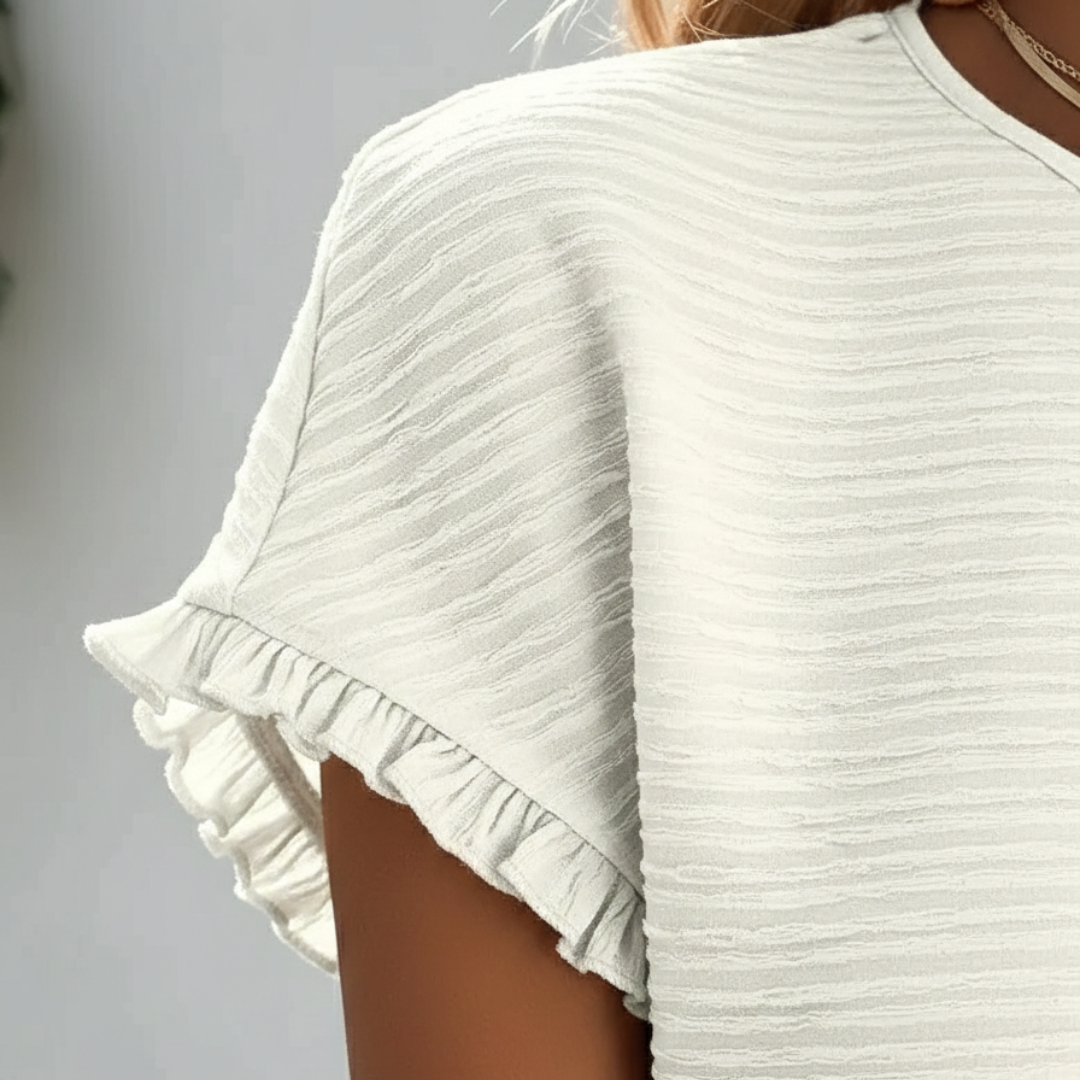 Aroa | Γυναικείο Βασικό T-Shirt με Κοντό Μανίκι, Βολάν και Στρογγυλή Λαιμόκοψη, Λείο Υλικό