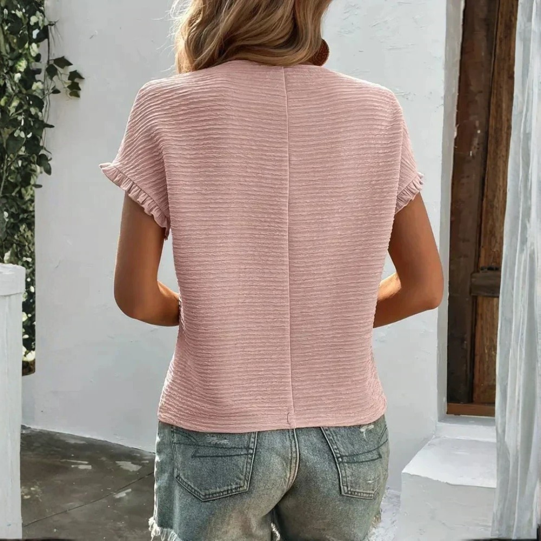Aroa | Γυναικείο Βασικό T-Shirt με Κοντό Μανίκι, Βολάν και Στρογγυλή Λαιμόκοψη, Λείο Υλικό