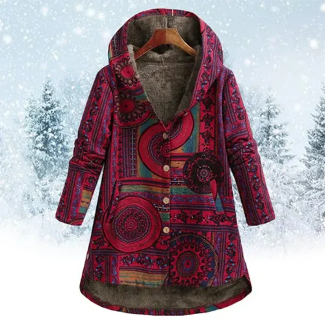 Colorful Boho Women's Coat with Printed Hood | Warm and Comfortable