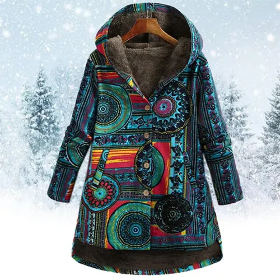 Colorful Boho Women's Coat with Printed Hood | Warm and Comfortable
