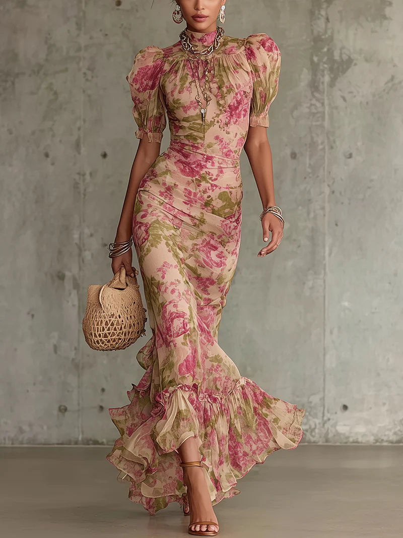 Elegantní maxi květinové šaty s rukávy pro ženy