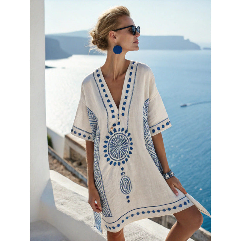 Robe caftan bohème brodée pour femme - Élégante et fluide