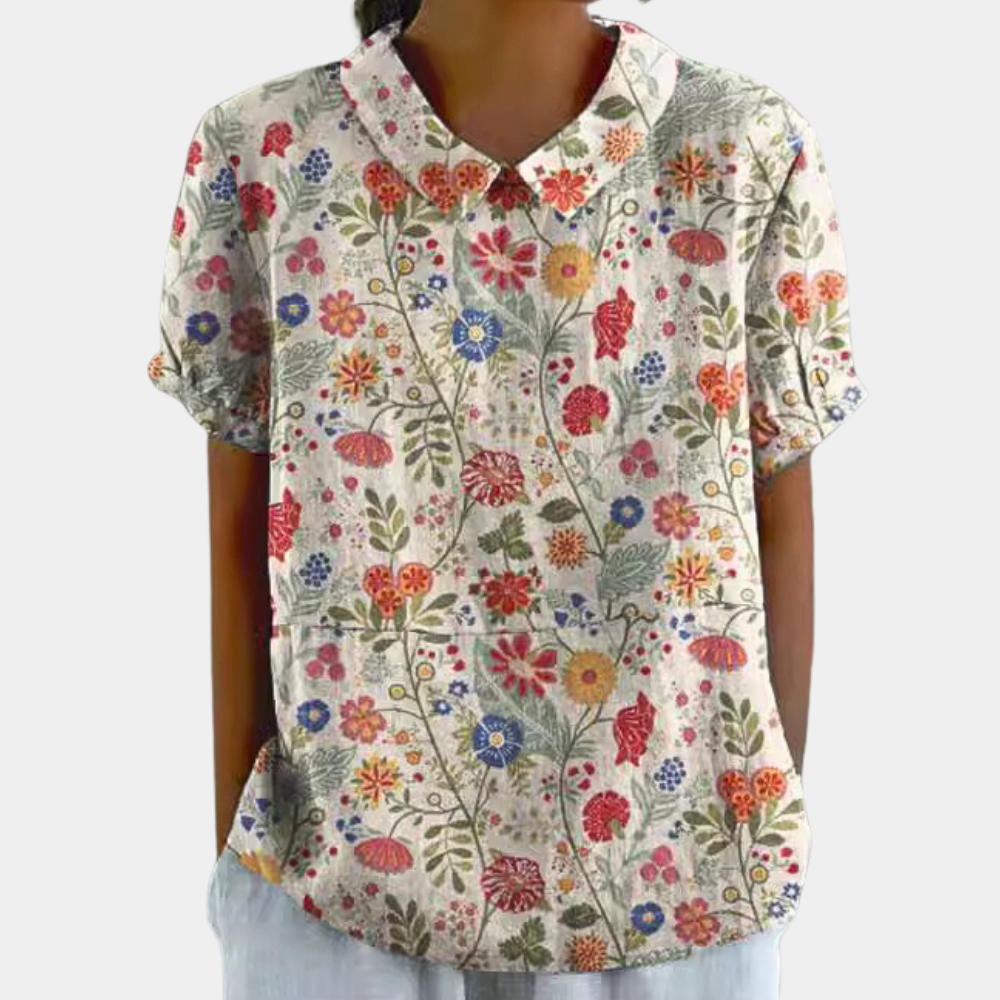 Bruna Women's Shirt – Casual Short Sleeve Top with Pastoral Floral Print & Round Neck
