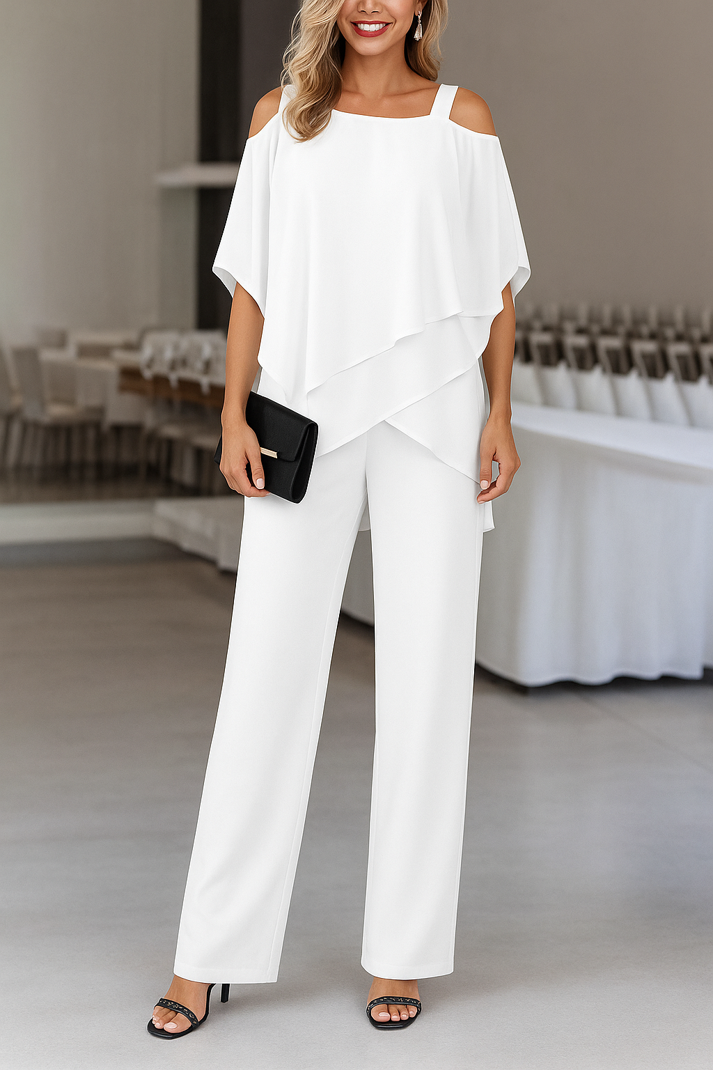 Ensemble femme élégant deux pièces avec blouse asymétrique et pantalon