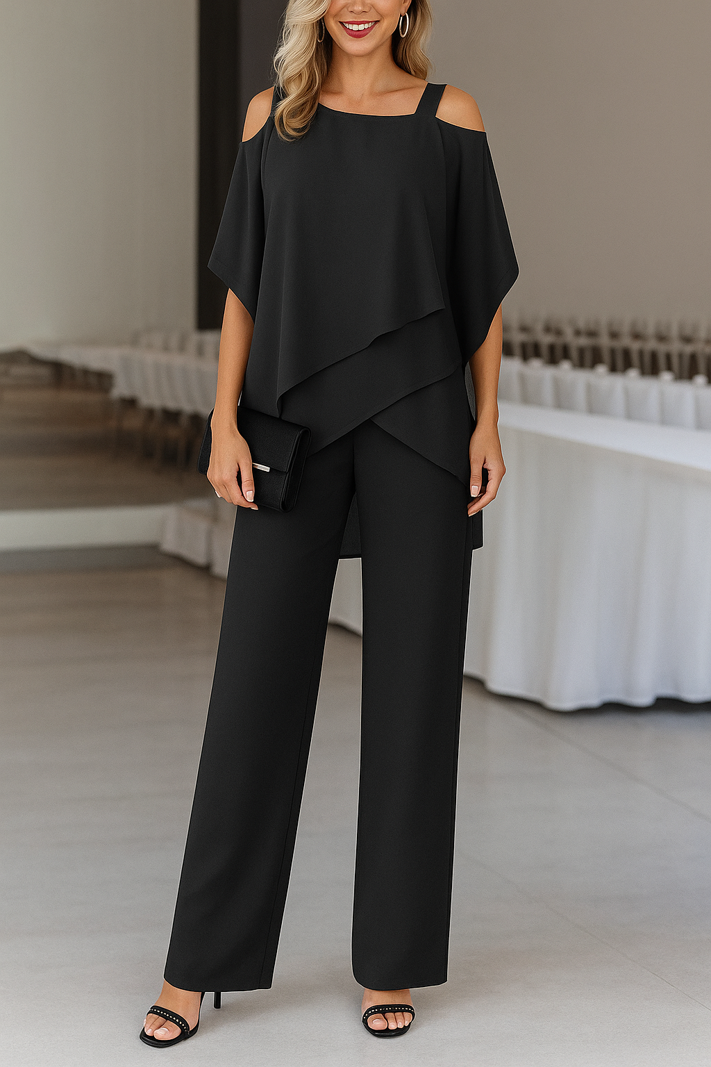 Ensemble femme élégant deux pièces avec blouse asymétrique et pantalon