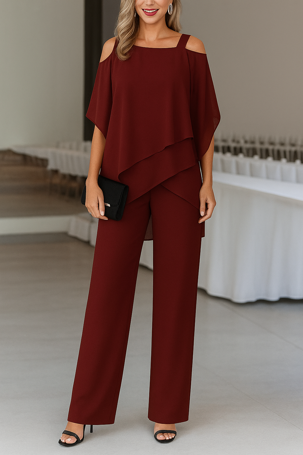 Ensemble femme élégant deux pièces avec blouse asymétrique et pantalon