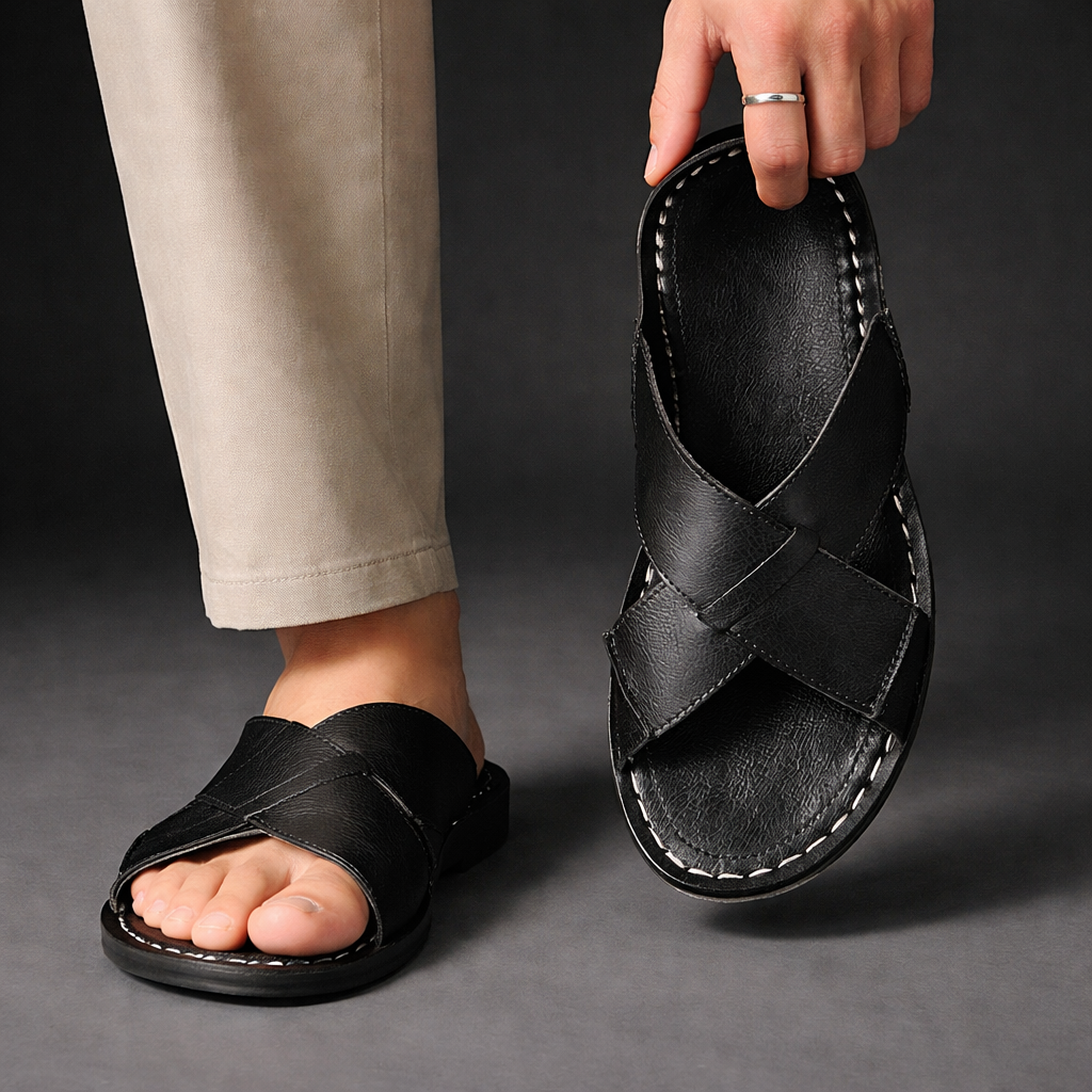 Men's Leather Sandals with Cross Straps and Comfort Insole