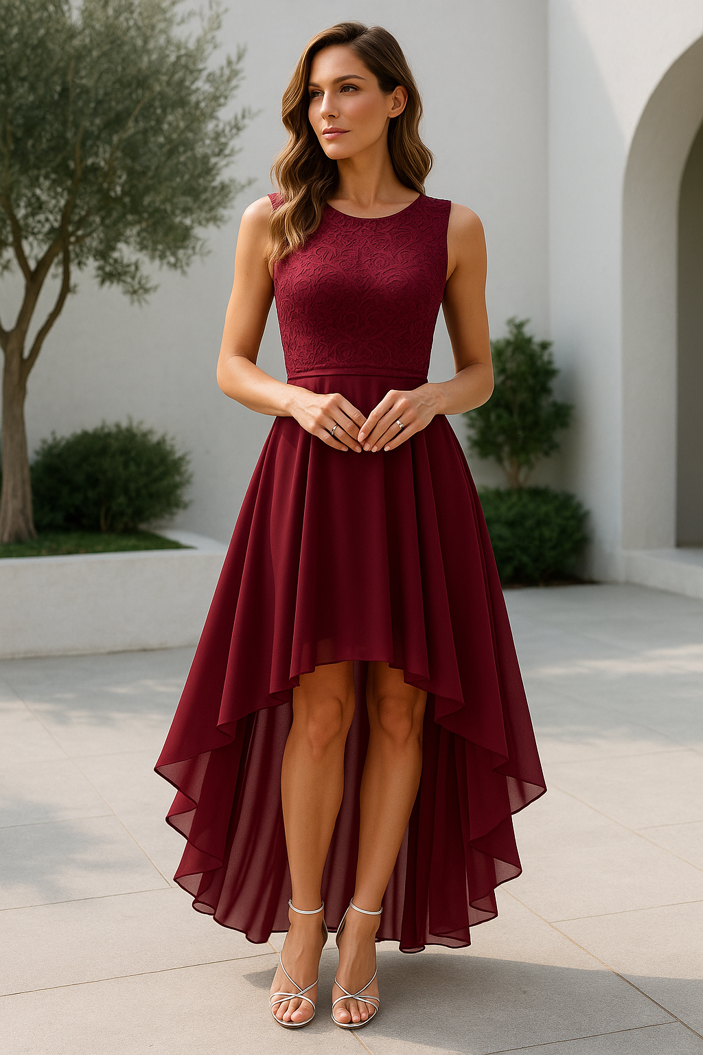 Abito da Sera Asimmetrico da Donna | Vestito Elegante per Cerimonia e Feste Senza Maniche con Gonna Fluida a Strati