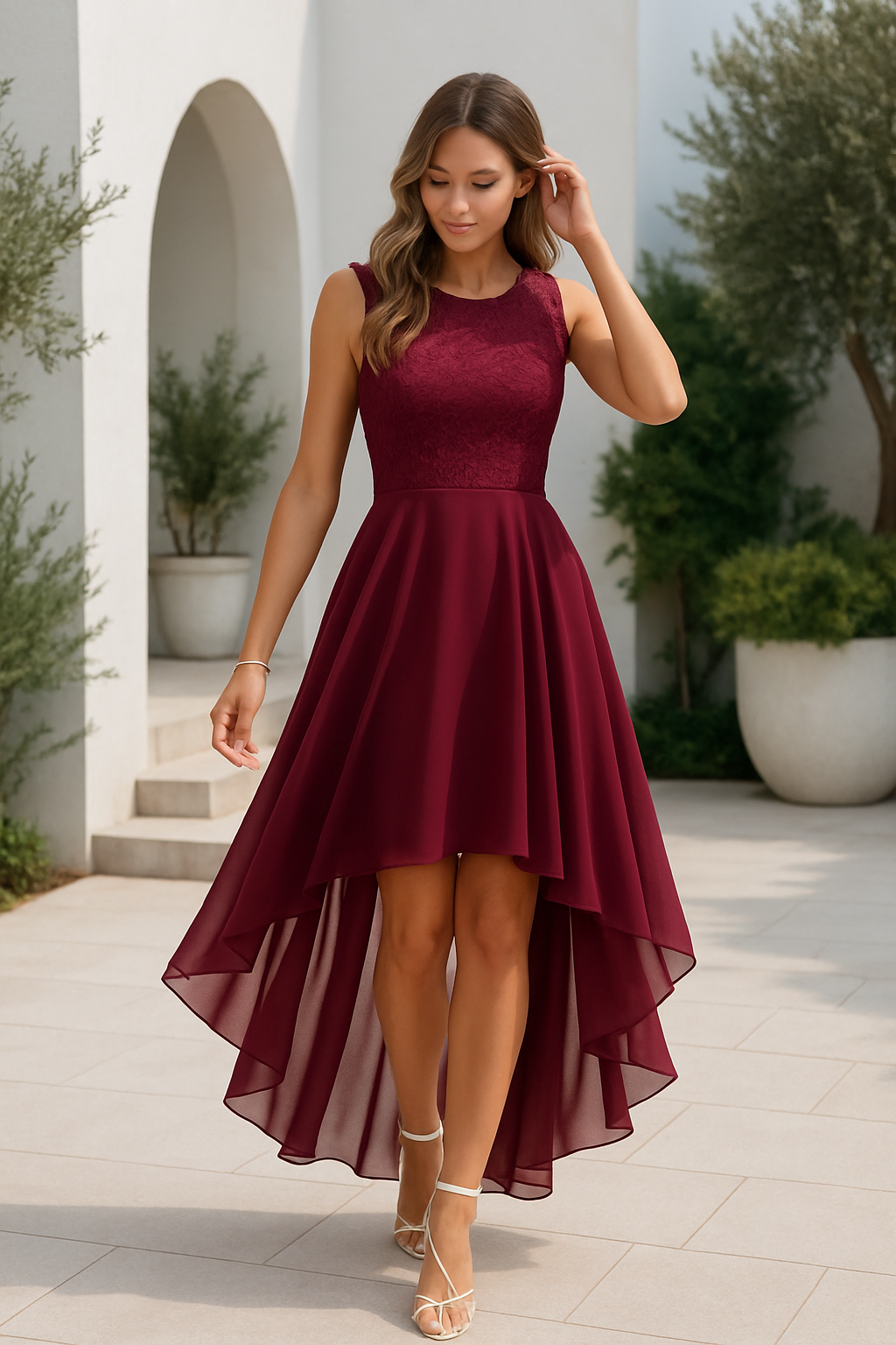 Vestido de Festa Assimétrico High-Low Elegante Sem Mangas